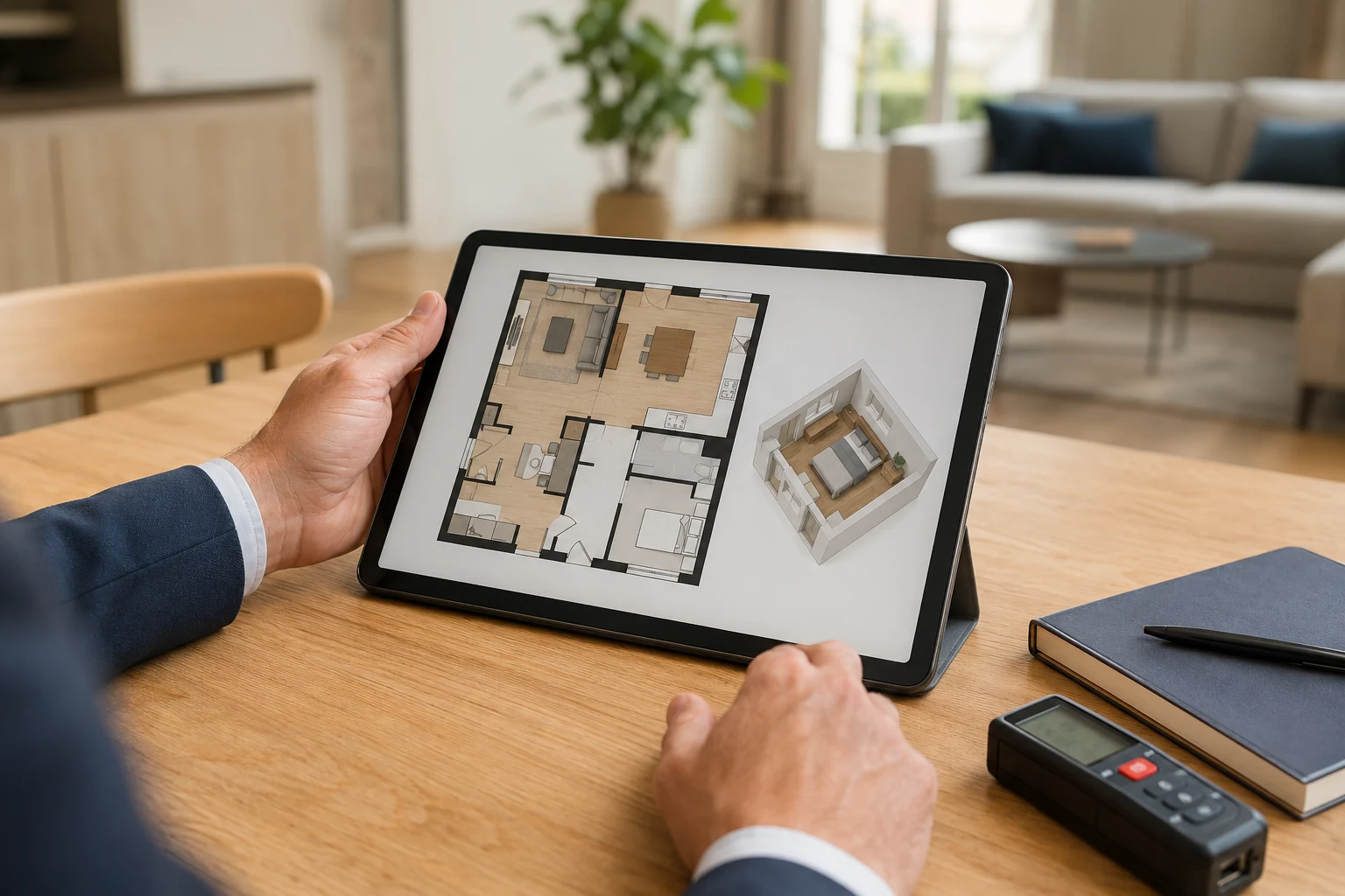 Plan virtuel 2D et projection aménagée présentés sur une tablette